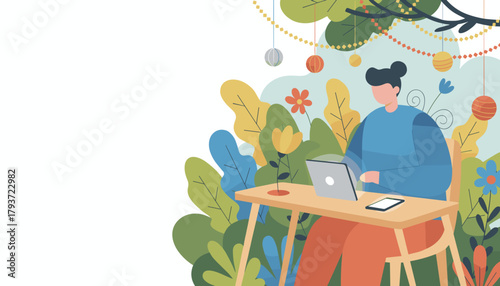 Person working remotely on a laptop at a desk surrounded by lush decorative nature Freelance lifestyle