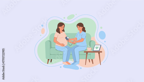 Nurse checking pregnant womans blood pressure during a comforting home prenatal care visit