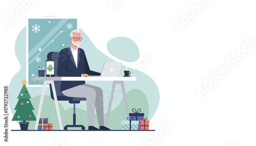 Mature businessman working digitally during the Christmas season