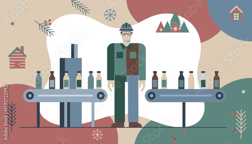 Factory worker supervising bottling production line in stylized winter illustration