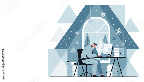 Employee burnout during winter Desk is piled with work and deadlines