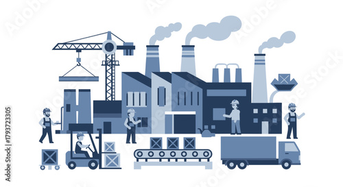 Industrial manufacturing process illustration with workers crane factory buildings and logistics operations
