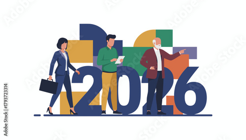 Team planning for 2026 Corporate strategy forecasting and successful business goals illustration