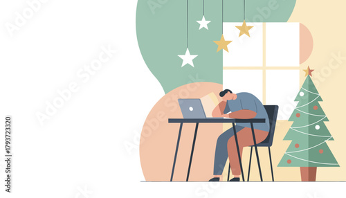 Man stressed working remotely on laptop near Christmas tree facing burnout and holiday pressure