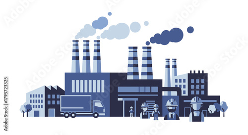 Flat vector industrial complex with factory buildings smokestacks delivery truck and working team