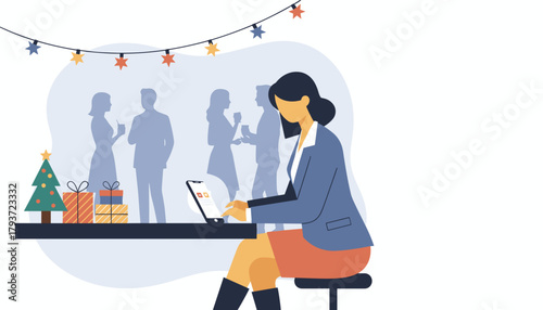 Businesswoman working on a smartphone during a corporate Christmas holiday party