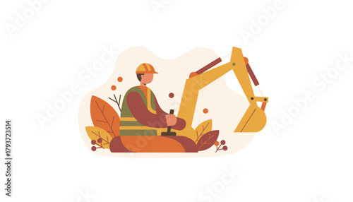 Worker operating excavator machine Construction industry and building site vector illustration