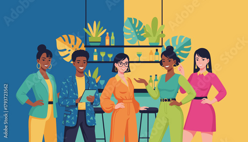 Diverse business team collaboration in a trendy bar setting Modern vector illustration