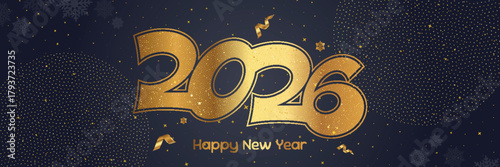 Elegant golden 2026 New Year greeting with sparkling confetti and a dark festive background. Vector illustration for holiday banners, greeting cards and celebration designs.