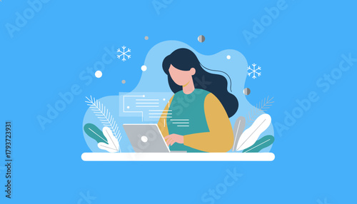 Woman working on laptop in a winter themed flat design environment Remote work concept