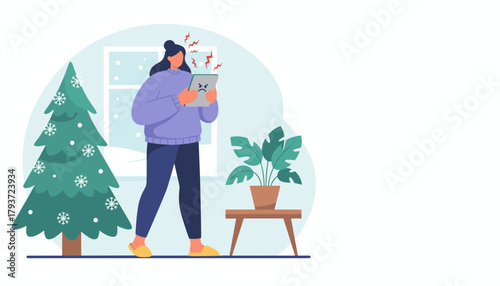 Woman frustrated with tablet error in holiday setting Stressful digital communication problem