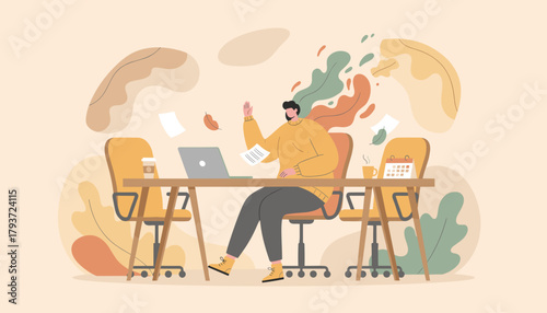 Overwhelmed office worker escaping job stress and burnout in a flat design illustration