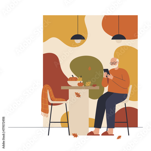 Senior man uses a smartphone in a cozy fallthemed home interior Technology for seniors
