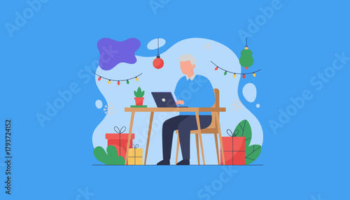 Man working on laptop surrounded by Christmas decorations and gifts Remote winter business illustration