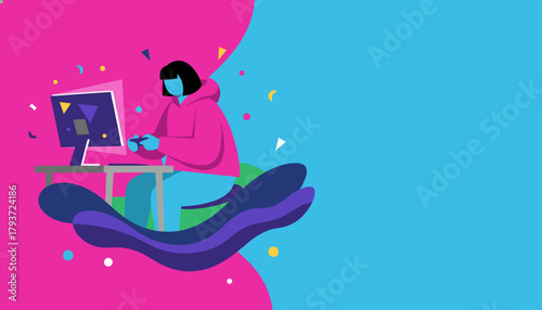 Vibrant illustration of a young gamer playing video games on a PC ESports and lifestyle concept