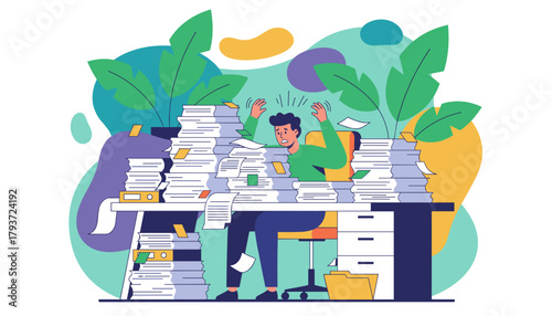 Overwhelmed man buried in huge piles of paperwork symbolizing excessive workload stress and bureaucracy