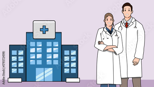 Modern hospital exterior with two physicians in white coats standing together, conveying professional healthcare, teamwork, and patient care outside a medical facility