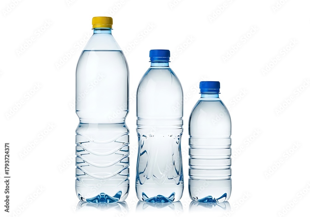 Naklejka premium Three clear plastic bottles filled with pure water on a white background