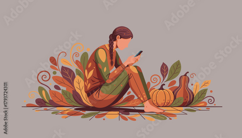 Autumn lifestyle illustration woman sits with phone among pumpkins and fall foliage