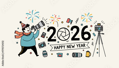 Happy New Year 2026 greeting card with a photographer character and camera equipment illustration