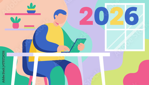 Man working on a laptop at home focused on business planning and forecasting for the year 2026