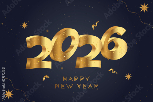 Golden 2026 New Year greeting design with sparkling confetti and a dark white festive background. Vector illustration for holiday banners, greeting cards and celebration graphics.