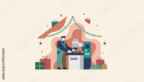 A worker operates machinery in a decorated workshop during the holiday season Christmas manufacturing concept