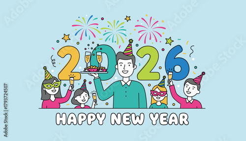2026 New Year celebration illustration people toasting champagne with festive fireworks