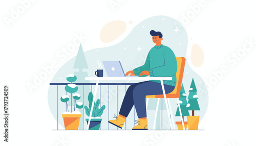 Man working remotely on a laptop outside on a winter balcony Digital nomad and freelance business concept
