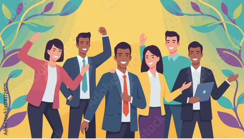 Diverse business team celebrating teamwork and success framed by vibrant foliage Collaboration concept