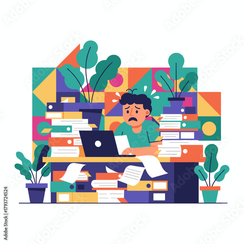 Overwhelmed employee buried in paperwork and stressed by the massive workload and deadlines