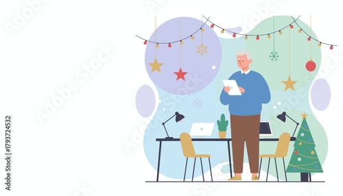 Older man checks tablet in a festive office setting Remote work holiday deadlines winter concept