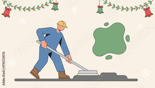 Industrial worker cleaning floor near holiday decorations Seasonal work vector concept