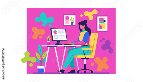 Creative professional working on a colorful computer setup Remote work digital design and business data analysis