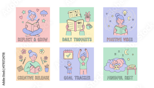 Mental wellness and selfcare vector icons journaling creativity goals and mindful rest