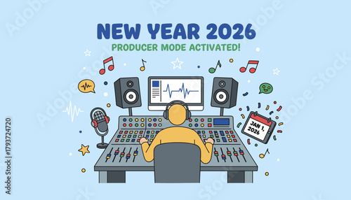 Happy New Year 2026 Cartoon producer working at mixing desk making music or podcast