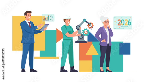 Diverse team uses data and robotics technology for 2026 business planning and industrial innovation