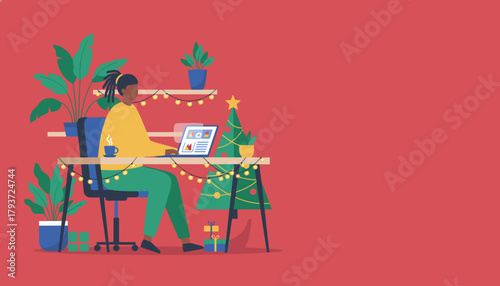 Person working remotely on a laptop at a festive desk decorated with a Christmas tree