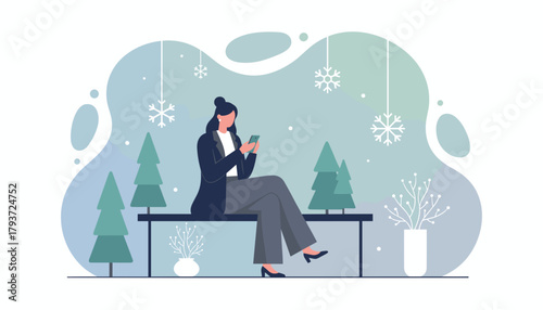 Professional woman using smartphone in a stylish winter scene Corporate holiday communication