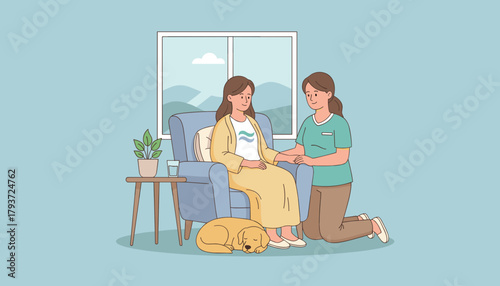 Professional caregiver offering compassionate home support to a seated patient