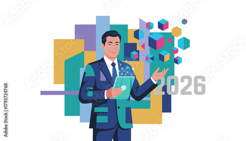 Businessman with digital tablet planning for 2026 amid abstract futuristic data visuals