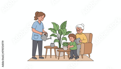 Caregiver assists senior woman and child with indoor gardening illustrating family support