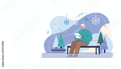 Happy senior man shopping online on a tablet enjoying the festive winter atmosphere