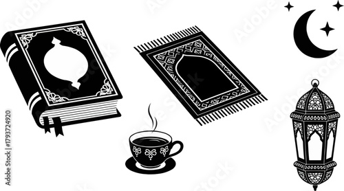 Black silhouette vector icons of the Holy Qur'an, a prayer mat, coffee cup, and a traditional lantern.