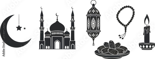 Monochrome vector silhouette set: mosque, lantern, prayer beads, candle, and dates. Focuses on spiritual contemplation.