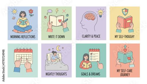 Selfcare routine illustrations journaling reflection goal setting clarity and mental wellness