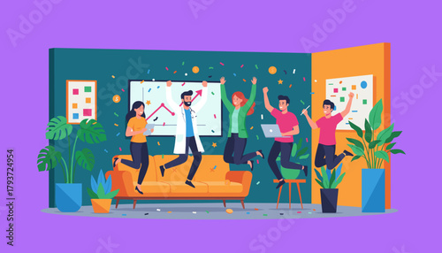 Team celebrates business success and high growth results jumping with joy in a modern office