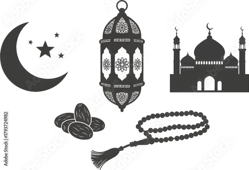 Monochrome vector silhouette set: crescent moon, star, mosque, dates, lantern, and prayer beads. Great for simple designs.