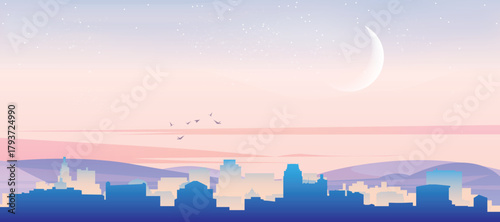 Panoramic poster of the city skyline with misty background buildings, hills sunrise, sunset and clouds of PROVIDENCE, UNITED STATES