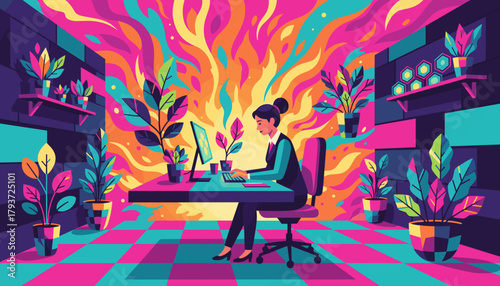 Focused businesswoman working in a vibrant neoncolored office symbolizing creativity and energy